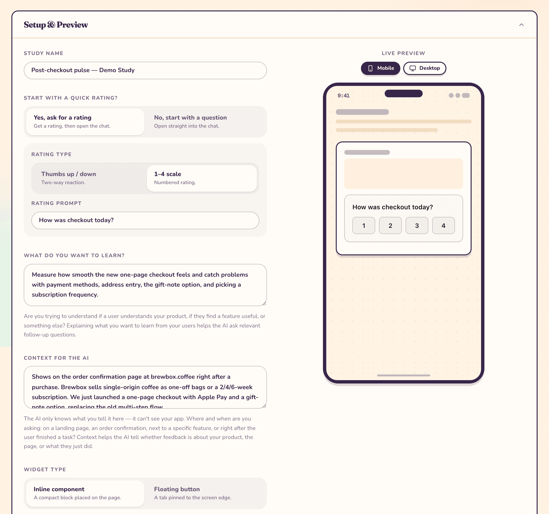The study editor: settings on the left — study name, rating type, rating question, what you want to learn, context — and a live phone preview of the launcher on the right